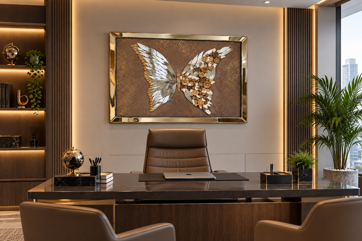 Golden Wings Floral Butterfly Decorative Wall Art Frame - (80x110cm)