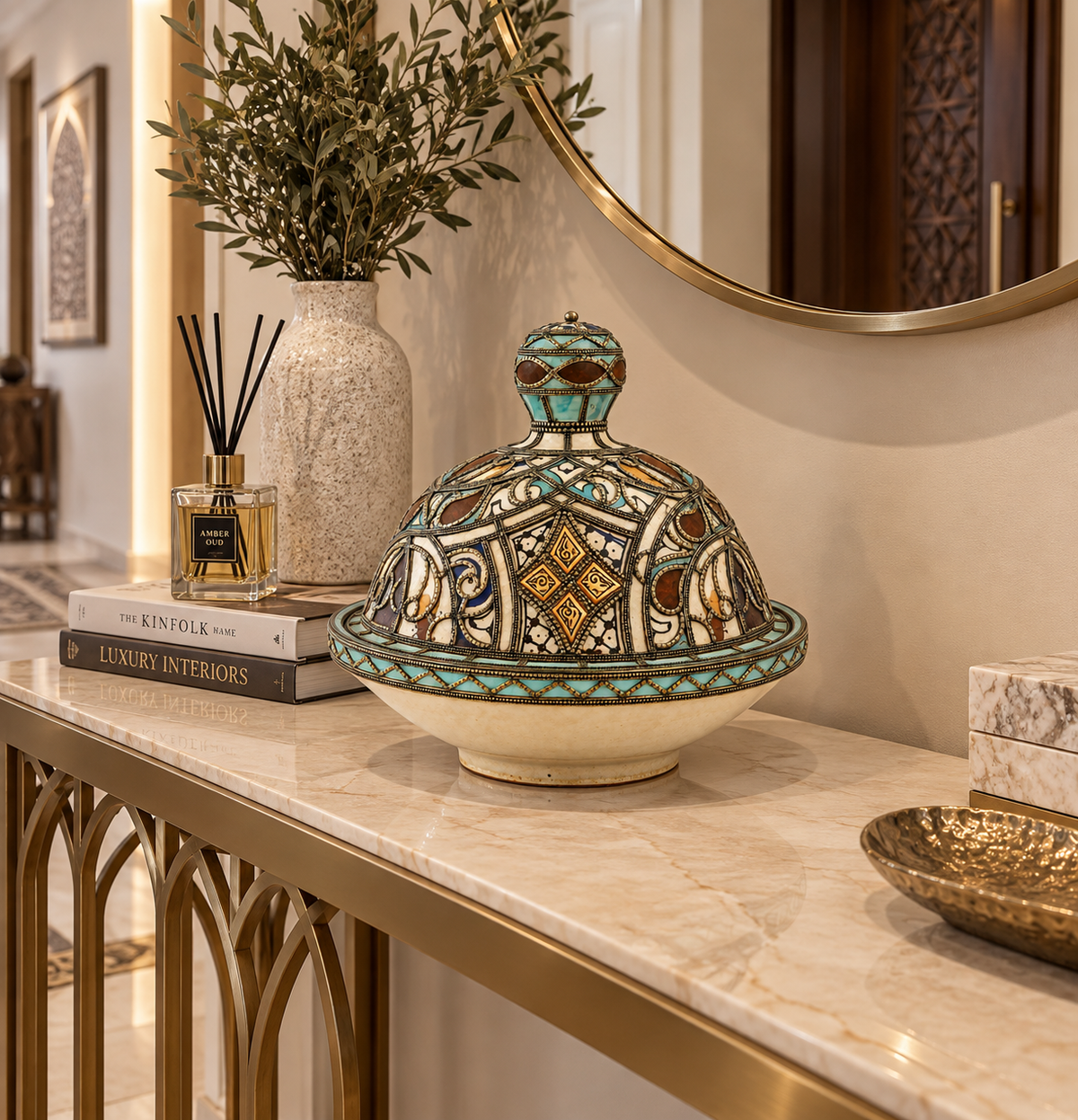 Aurelia Mosaic Crown Handcrafted Brass Tagine - (33x37cm)