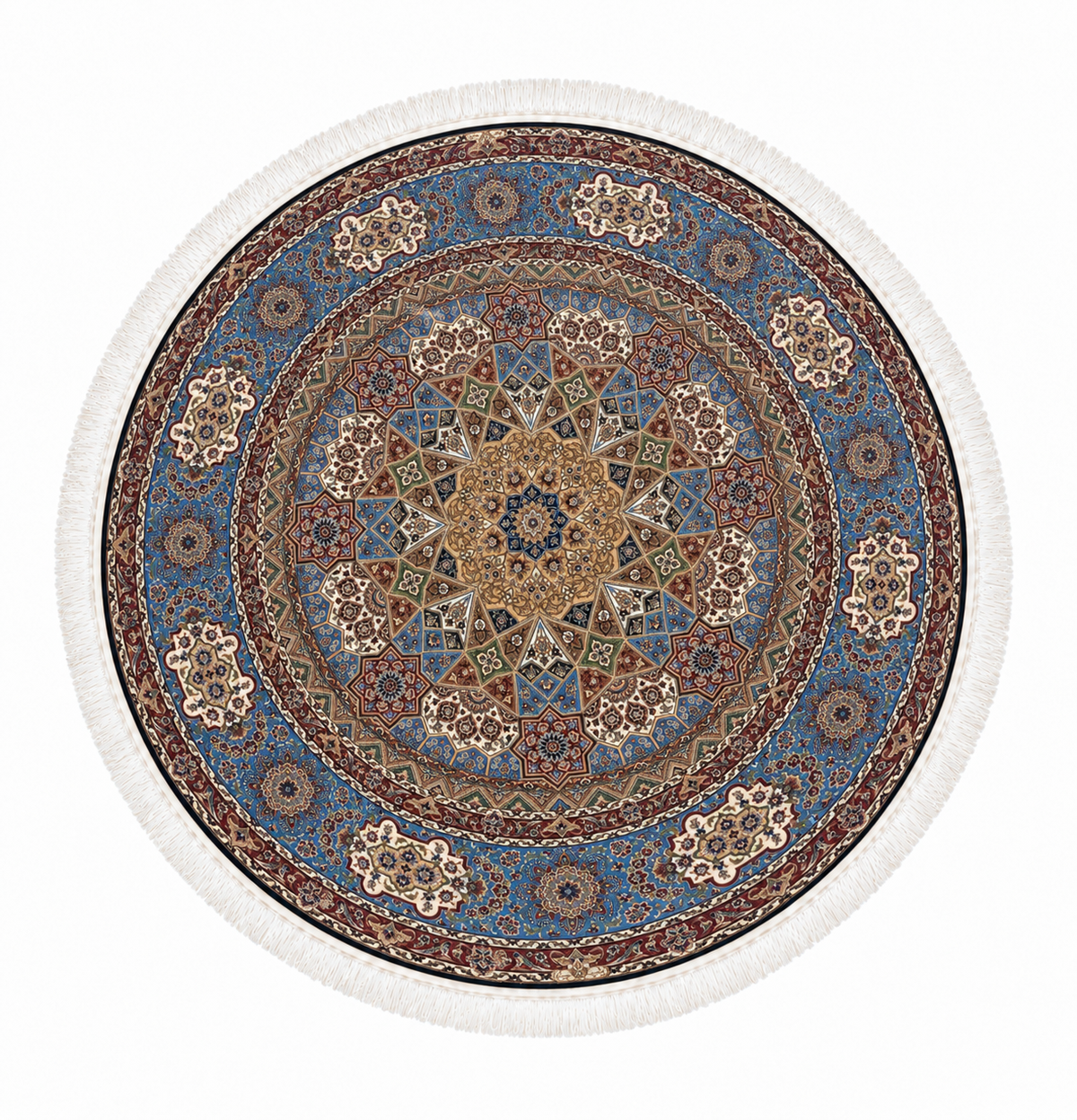 Persian Heritage Star Medallion Azure Round Silk Carpet 200cm Diameter