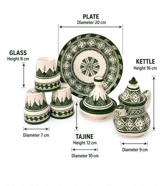 Moroccan Tea Set - Green & White Geometric Design - Traditional Fez Pottery