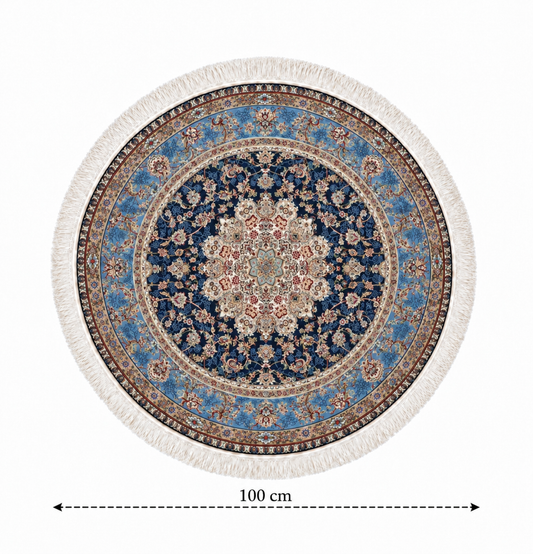 Persian Sapphire Royal Medallion Round Silk Carpet 100cm Diameter
