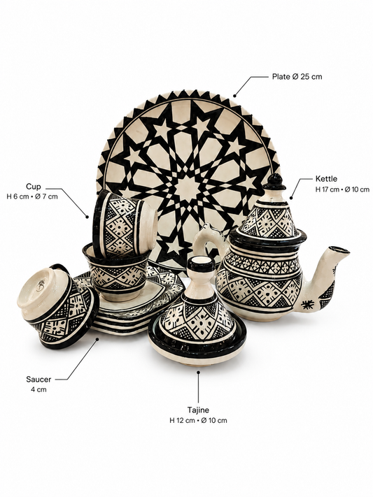 Moroccan Coffee Set - Black & White Geometric Design - Traditional Fez Pottery