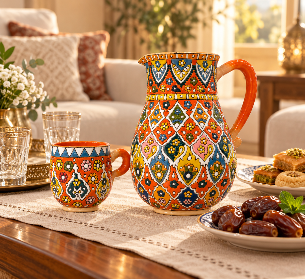 Persian Blossom Handcrafted Pitcher & Cup Set