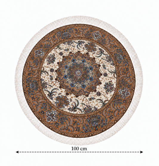 Imperial Caramel Medallion Persian Silk Carpet Round 100cm Diameter