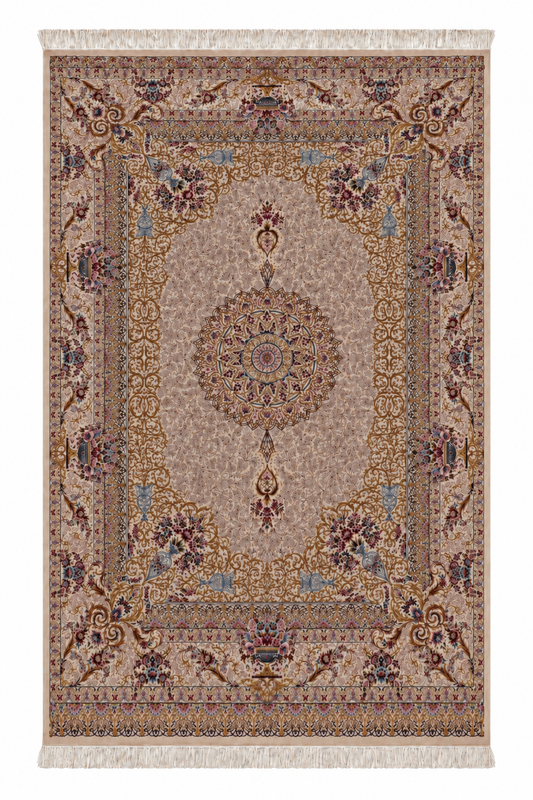 Golden Garden Medallion Hand-Bordered Natural Wool & Silk Carpet 200x300 cm
