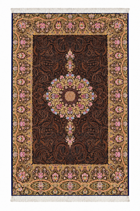 Royal Mocha Medallion Hand-Bordered Natural Wool & Silk Carpet 200x300 cm