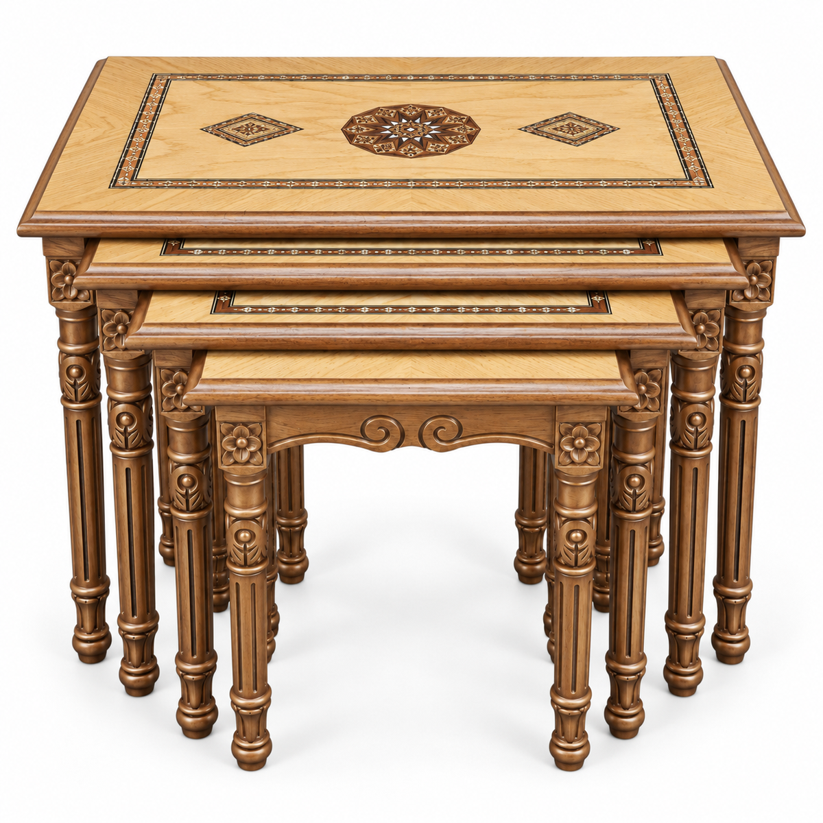 Seljuk Mosaic Hand-Carved Nesting Tables 4in1
