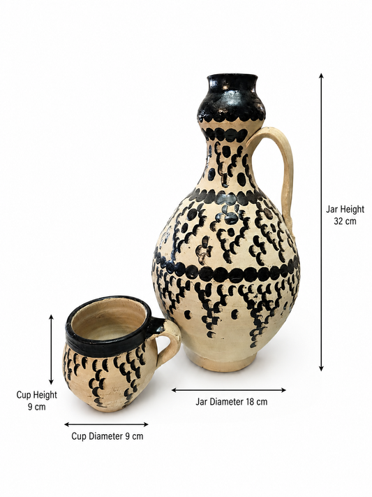 Hand-Painted Antique Terracotta Pottery Water Jug & Cup Set