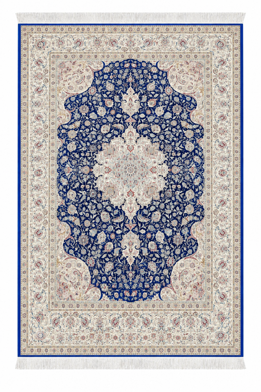 Imperial Navy Medallion Natural Persian Wool & Silk Carpet 200x300 cm