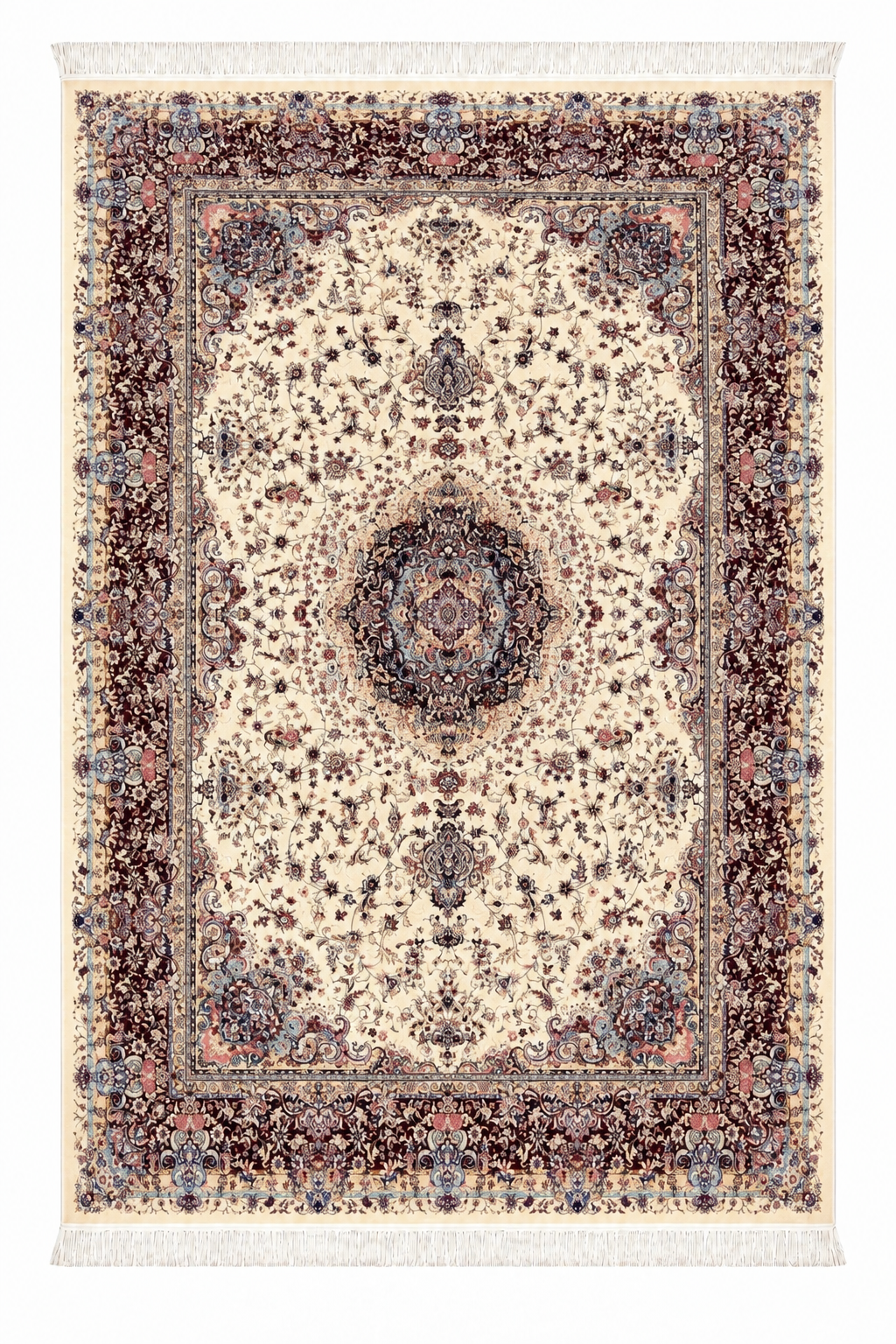 Ivory Burgundy Medallion Natural Wool & Silk Carpet 150x225 cm