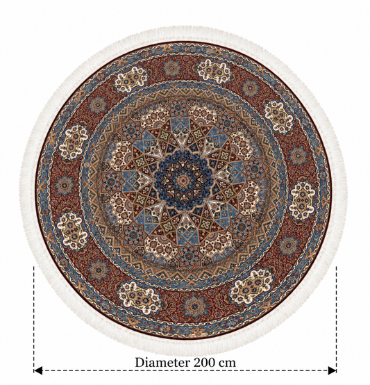 Persian Heritage Star Medallion Burgundy Round Silk Carpet 200cm Diameter