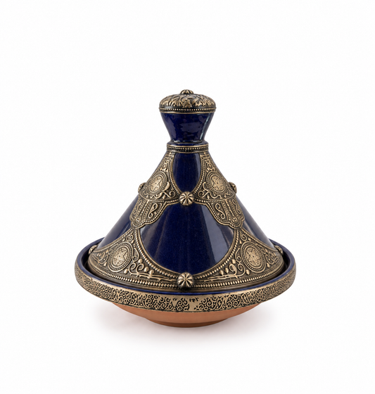 Indigo Imperial Crown Handcrafted Brass Tagine - (30x30cm)
