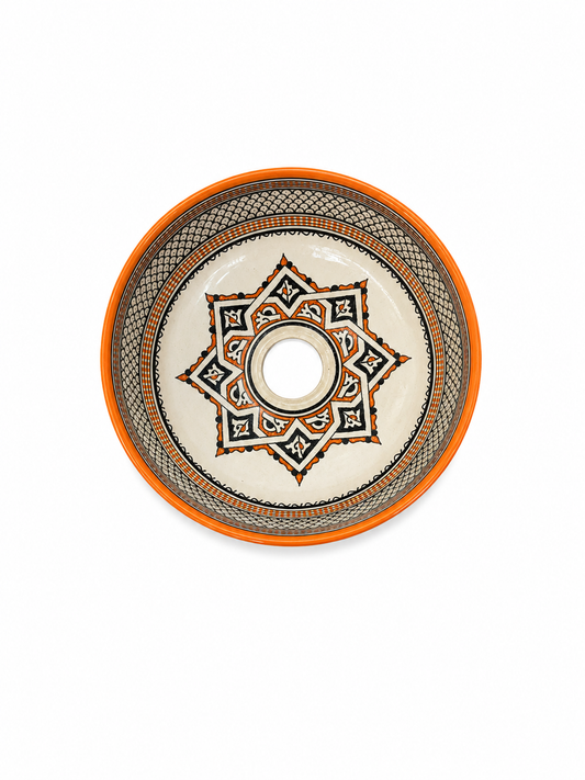 Marrakesh Horizon Ceramic Countertop Basin–Orange & Black Geometric Pattern - M38