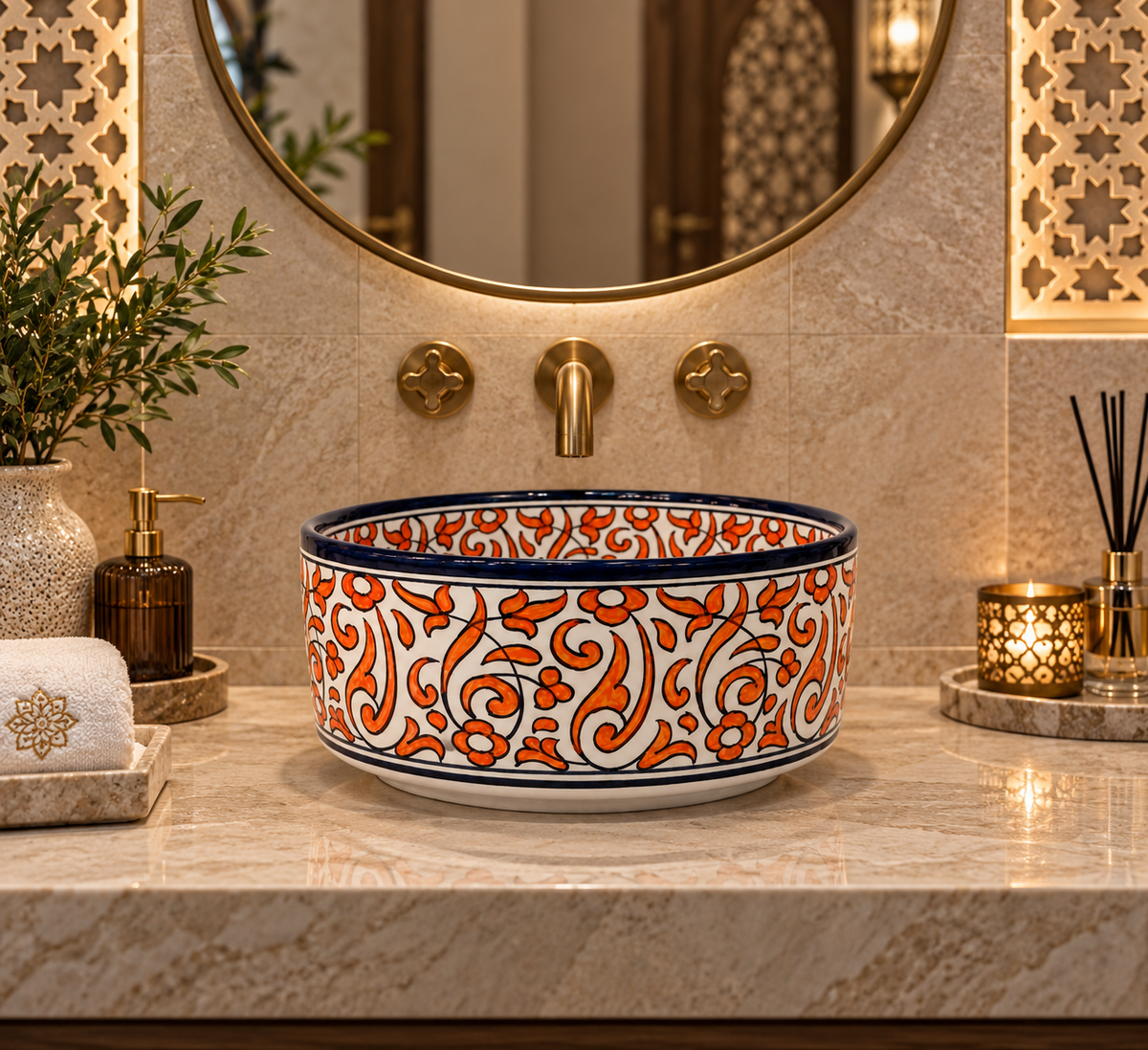 Andalusian Ember Ceramic Countertop Basin–Orange Arabesque Pattern - M38