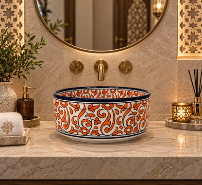 Andalusian Ember Ceramic Countertop Basin–Orange Arabesque Pattern - M38