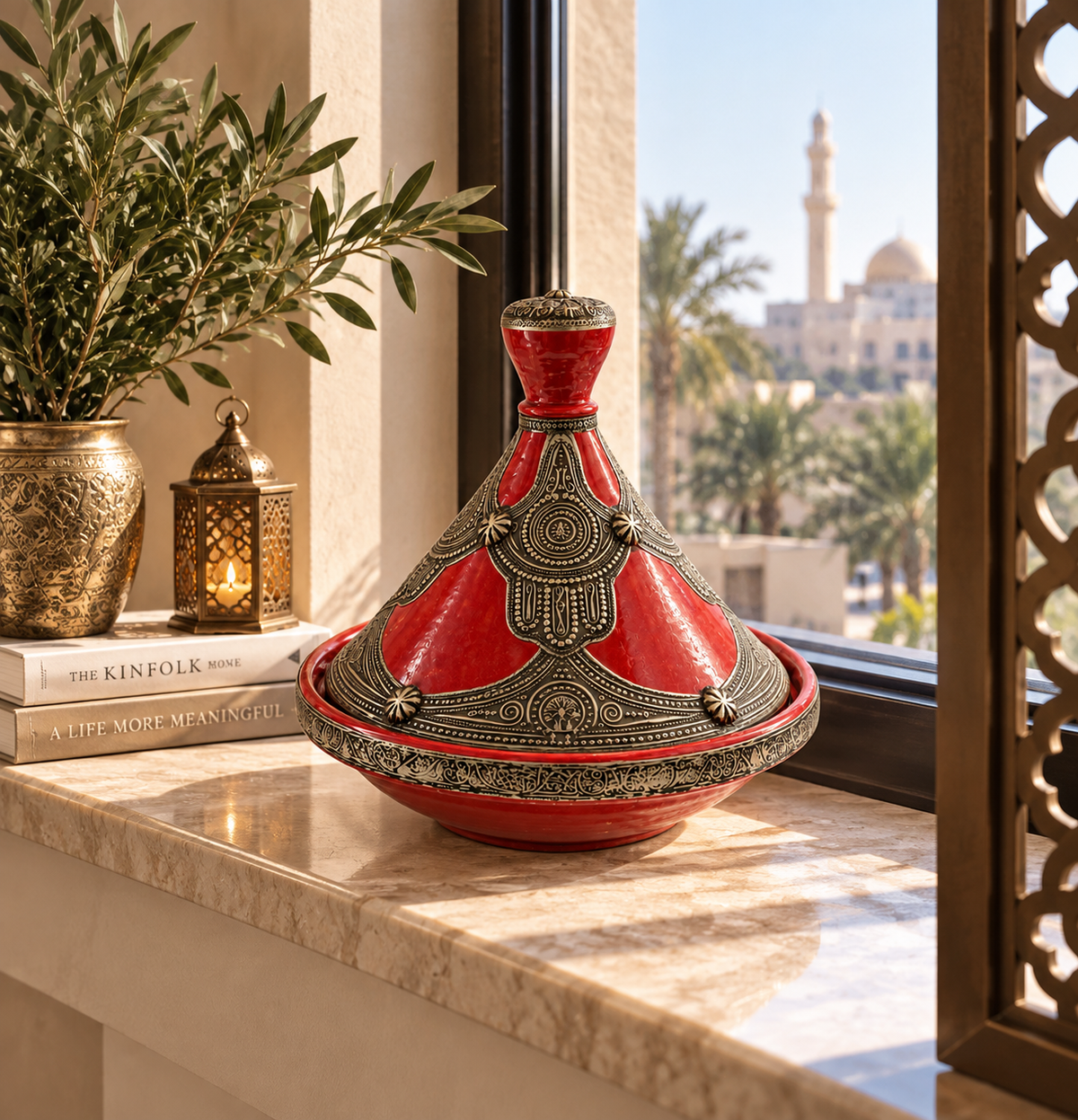 Ruby Filigree Crown Handcrafted Brass Tagine - (29x30cm)