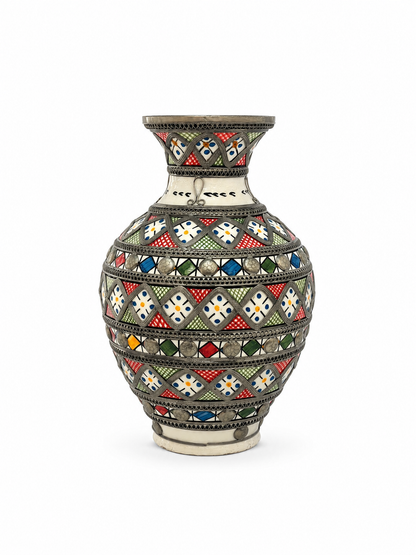 Vintage Moroccan Fez Pottery Vase Silver Filigree - M146 (02)