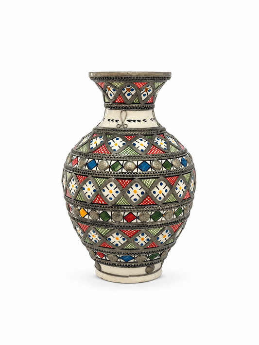 Vintage Moroccan Fez Pottery Vase Silver Filigree - M146 (02)