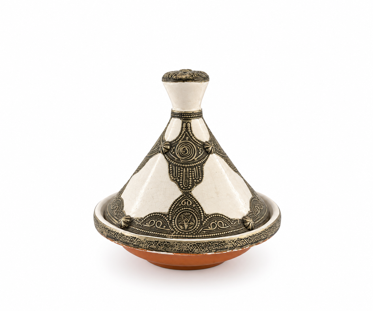 Golden Ivory Dynasty Handcrafted Brass Tagine - (25x26cm)