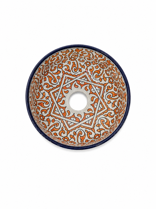 Andalusian Ember Ceramic Countertop Basin–Orange Arabesque Pattern - M38