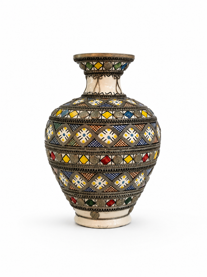 Vintage Moroccan Fez Pottery Vase Silver Filigree - M146 (03)