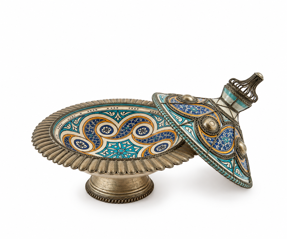 Sultan’s Azure Parasol Handcrafted Brass Tagine - (33x38cm)