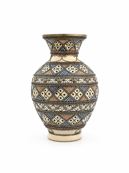 Vintage Moroccan Fez Pottery Vase Silver Filigree - M146 (01)