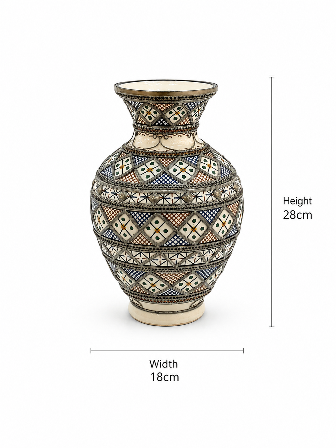 Vintage Moroccan Fez Pottery Vase Silver Filigree - M146 (01)