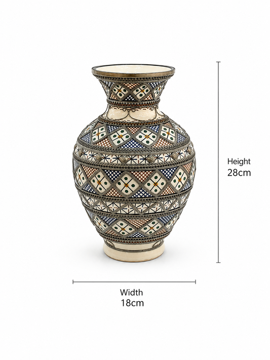 Vintage Moroccan Fez Pottery Vase Silver Filigree - M146 (01)