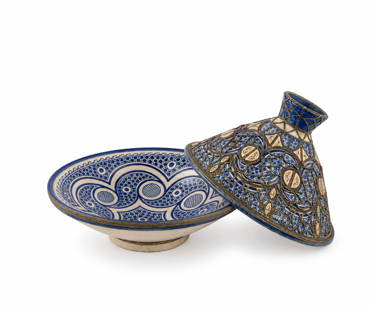 Moorish Azure Tapestry Handcrafted Brass Tagine - (35x38cm)