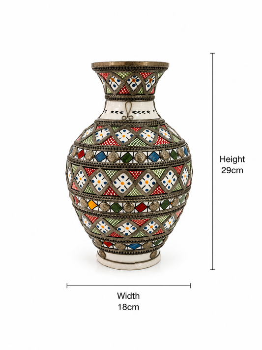 Vintage Moroccan Fez Pottery Vase Silver Filigree - M146 (02)