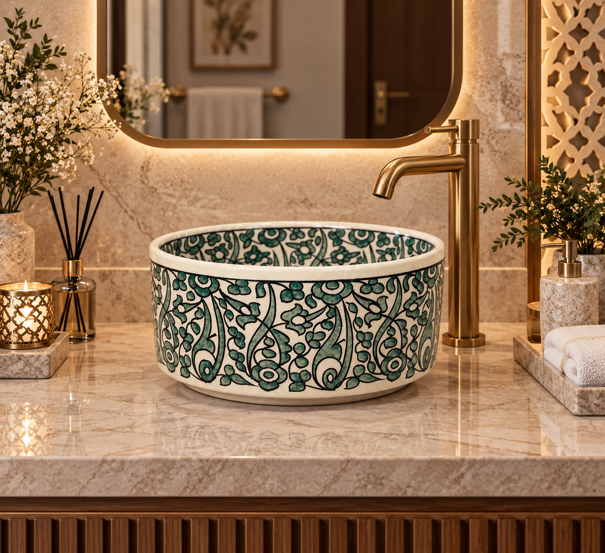 Moroccan Handcrafted Emerald Vine Artisan Basin - M39