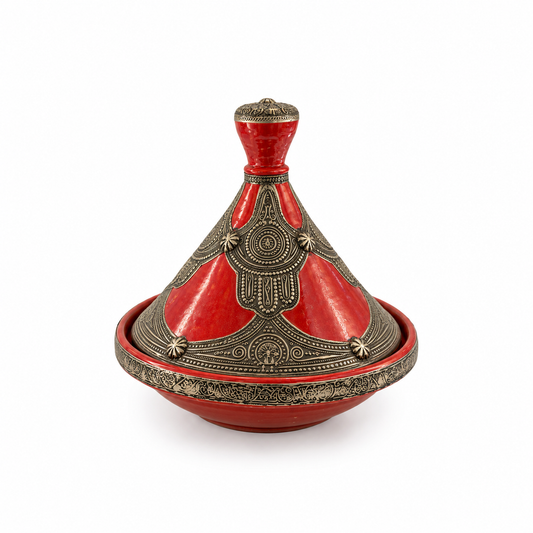 Ruby Filigree Crown Handcrafted Brass Tagine - (29x30cm)