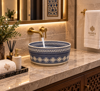 Azure Mosaic Ceramic Countertop Basin–Blue Geometric Pattern - M38