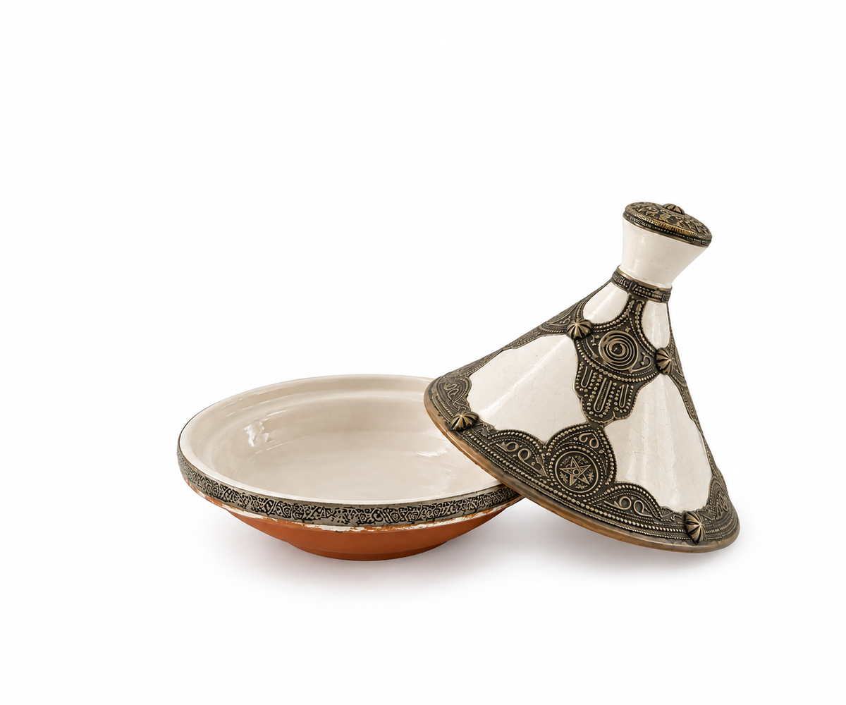 Golden Ivory Dynasty Handcrafted Brass Tagine - (25x26cm)