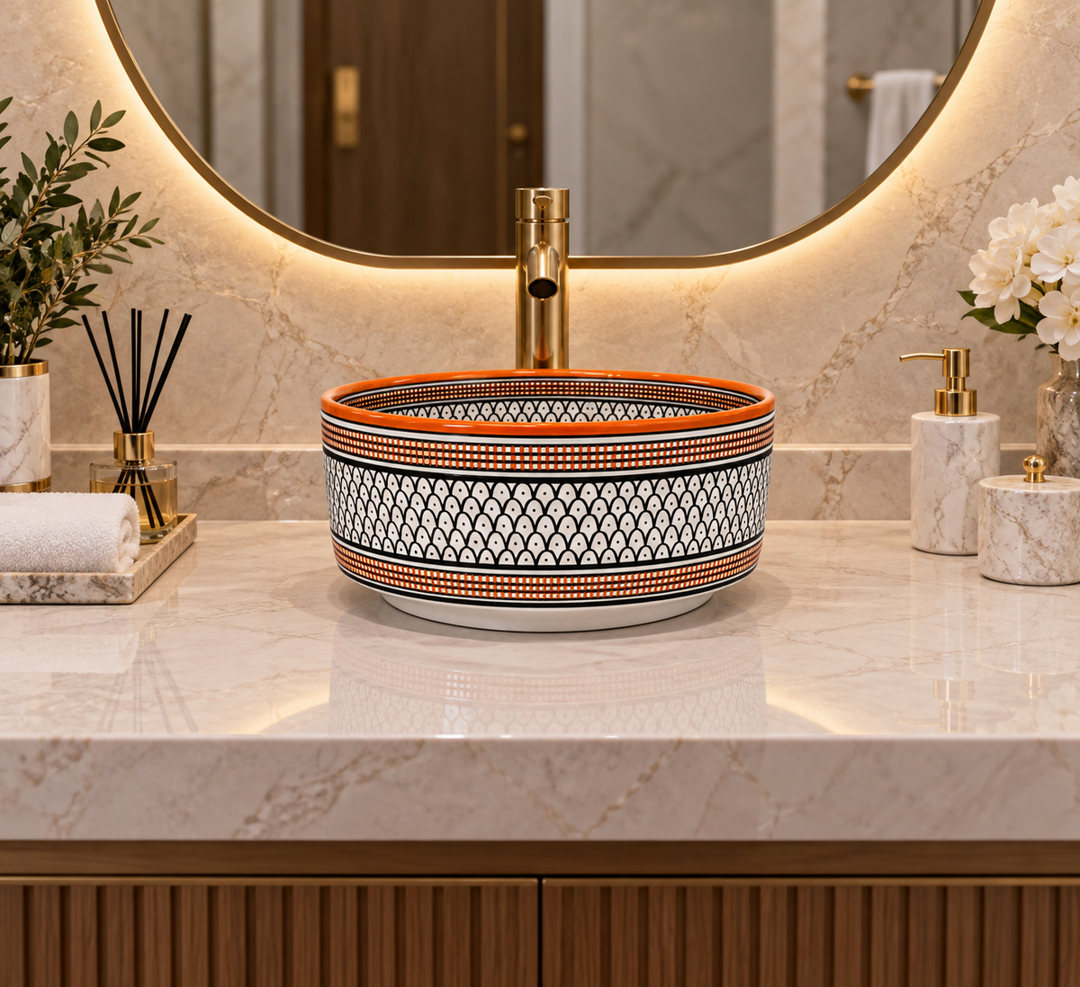 Marrakesh Horizon Ceramic Countertop Basin–Orange & Black Geometric Pattern - M38