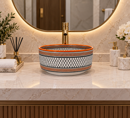 Marrakesh Horizon Ceramic Countertop Basin–Orange & Black Geometric Pattern - M38