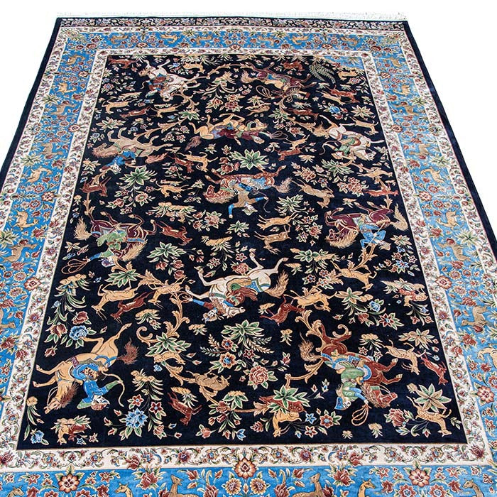 Royal Persian Equestrian Silk Carpet  - Navy/Azure 100x150 (0023)