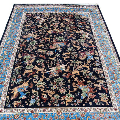 Royal Persian Equestrian Silk Carpet  - Navy/Azure 100x150 (0023)