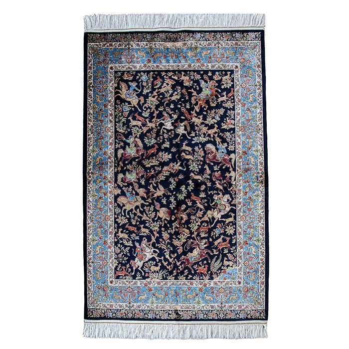 Royal Persian Equestrian Silk Carpet  - Navy/Azure 100x150 (0023)