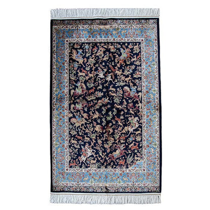 Royal Persian Equestrian Silk Carpet  - Navy/Azure 100x150 (0023)