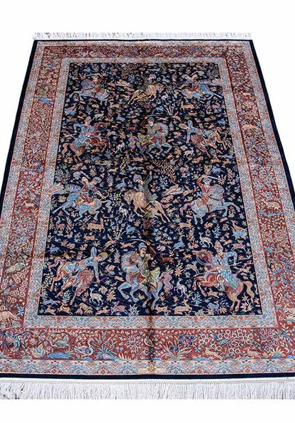 Royal Persian Equestrian Silk Carpet - Navy (160*230) - SB823
