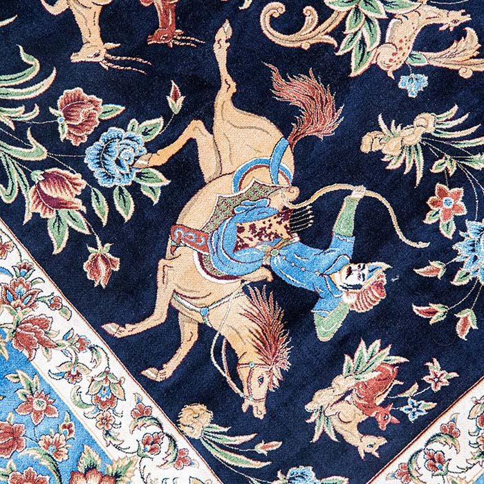 Royal Persian Equestrian Silk Carpet  - Navy/Azure 100x150 (0023)