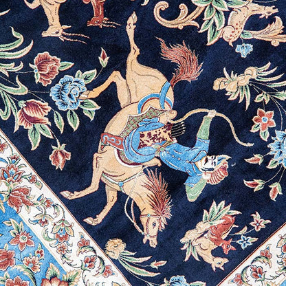 Royal Persian Equestrian Silk Carpet  - Navy/Azure 100x150 (0023)