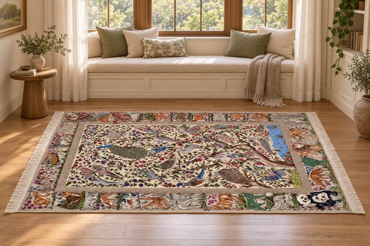 Persian Enchanted Aviary Hand-Bordered  Natural Wool & Silk Carpet 200x300 cm