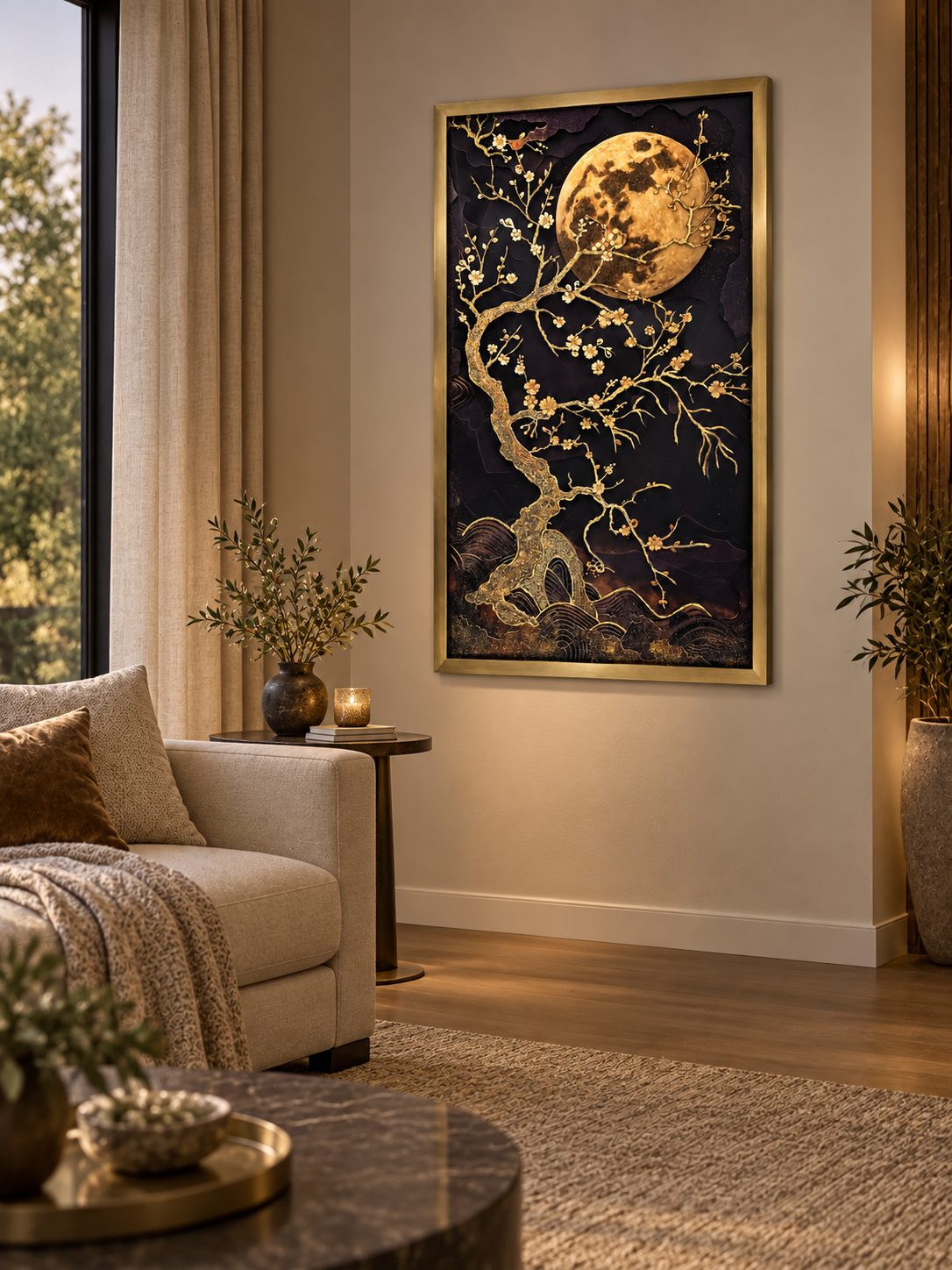 Golden Moon Blossom Decorative Wall Frame (75x125cm)