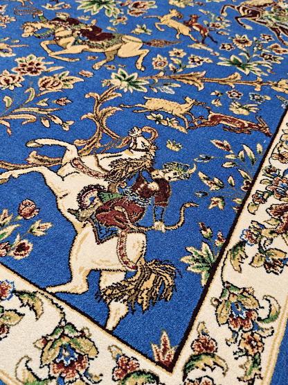 Royal Persian Hunting Garden Silk Carpet  - Blue - 60x90cm