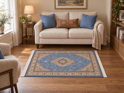 Imperial Azure Medallion Persian Silk Carpet 100x150cm