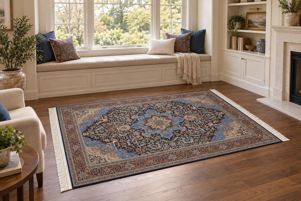 Royal Azure Geometric Medallion Silk Carpet 100x150cm