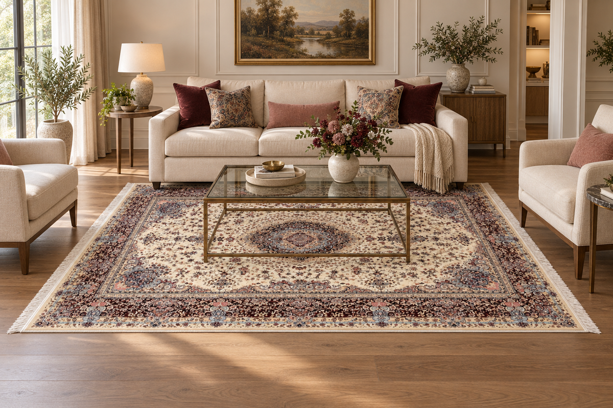 Ivory Burgundy Medallion Natural Wool & Silk Carpet 150x225 cm